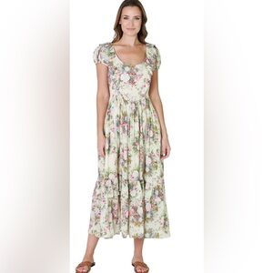 LoveShackFancy Floral Midi Dress - Cream and Pink